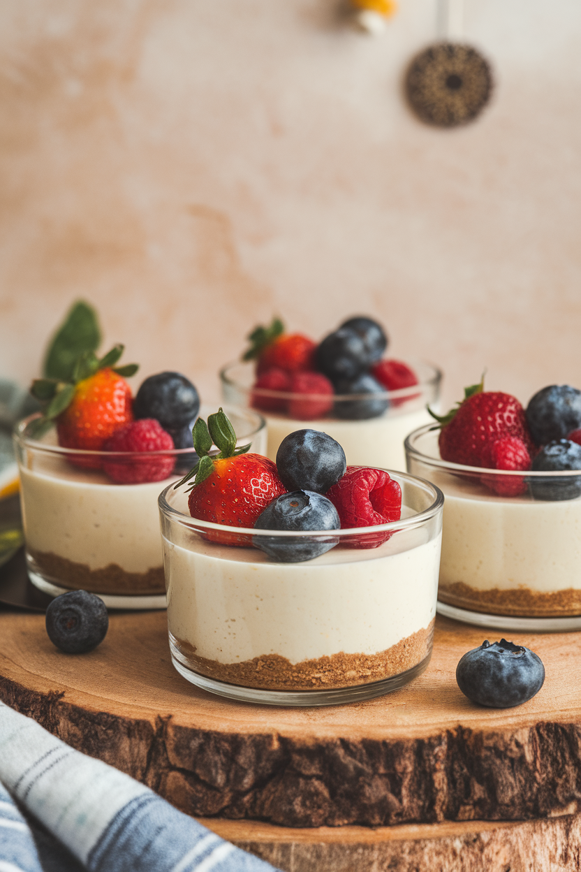 Individual glass ramekins indoors containing creamy lemon yogurt cheesecake topped with fresh berry trio. Photo, no text or logos.