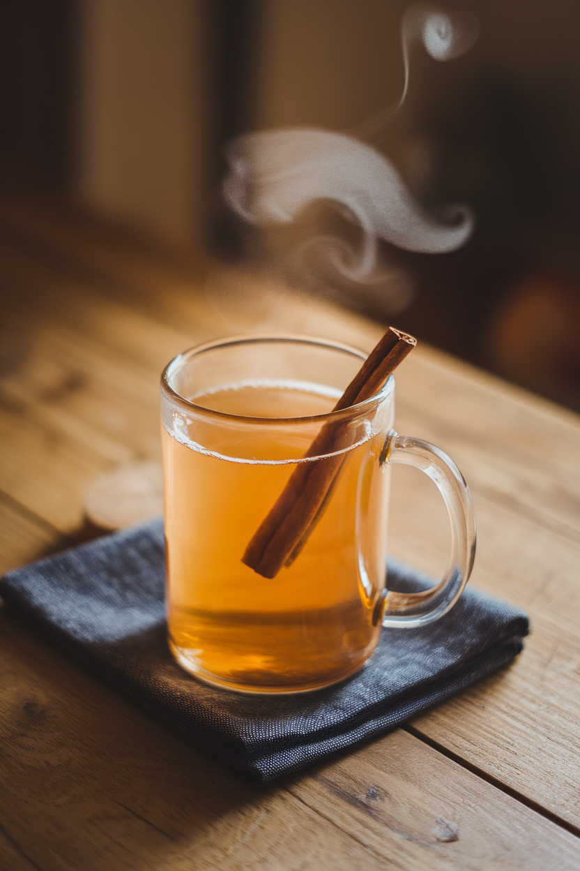 Photo of steaming mug of apple cider on a wooden table, cinnamon stick inside, indoor light, no text or logos.