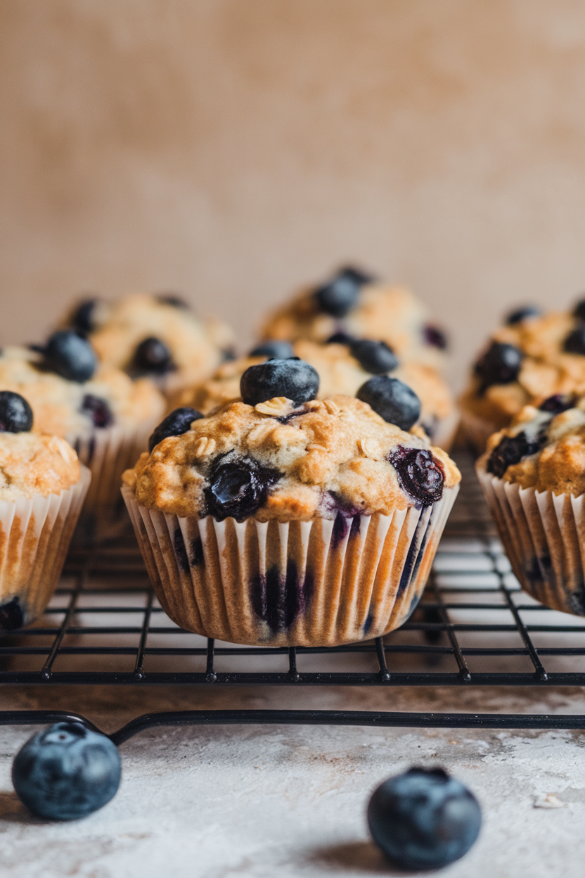 Indoor photo of blueberry-studded oatmeal muffins cooling on a wire rack, a few berries scattered nearby, no text or logos