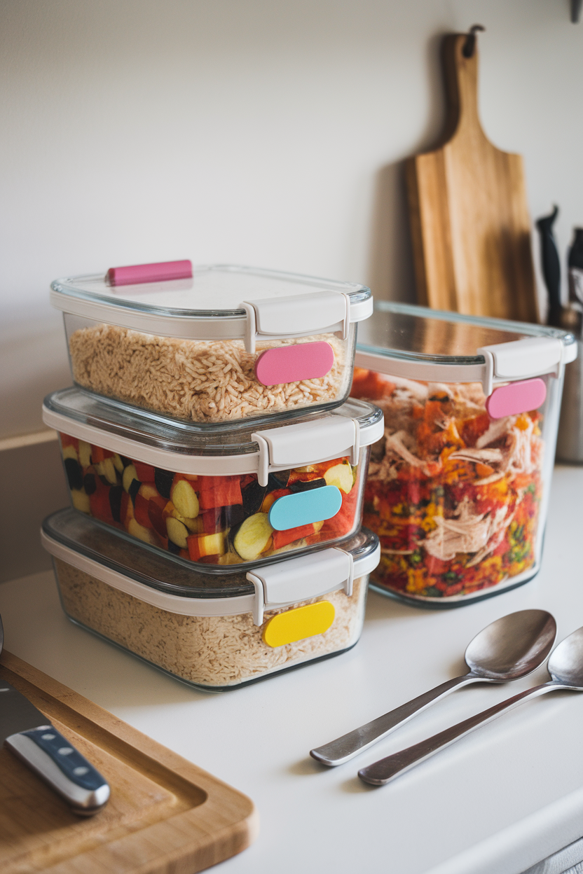 Photo prompt: An indoor kitchen counter lined with glass storage containers holding pre-cooked brown rice, roasted veggies, and shredded chicken, no logos.