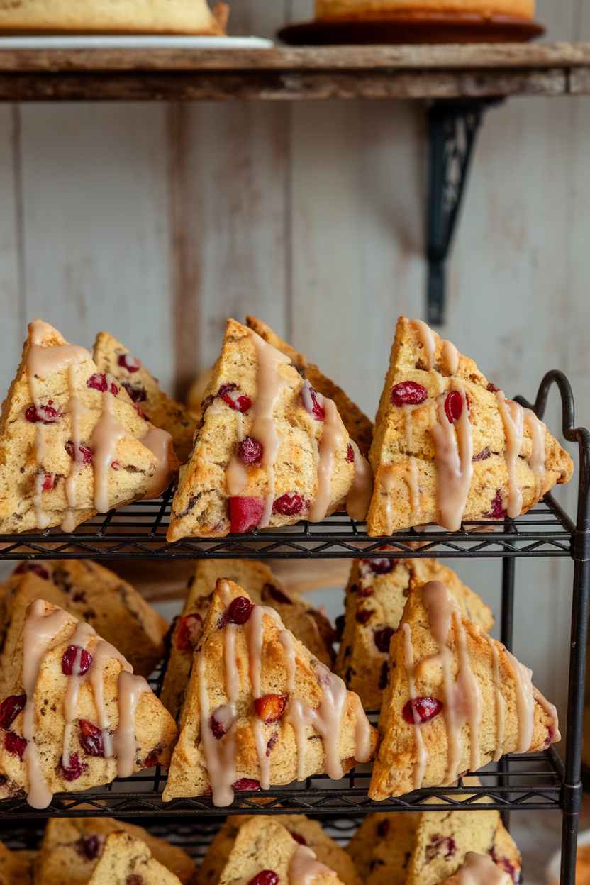 An indoor bakery rack with freshly baked triangular scones studded with cranberries and apple bits, glaze lightly drizzled. This should be a photo, not an illustration. No text or logos anywhere in the scene.