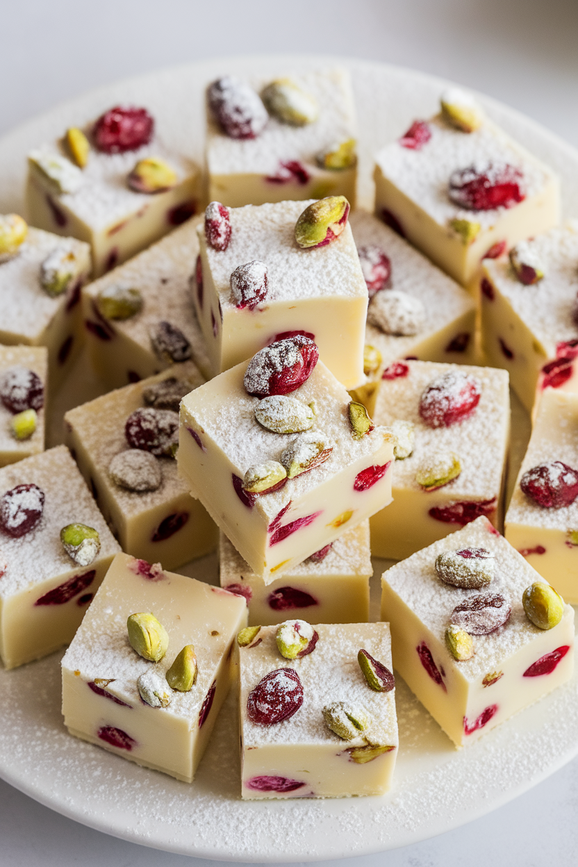 Indoor close-up of white chocolate fudge cubes studded with cranberries and pistachios, lightly dusted with powdered sugar; no text or logos.