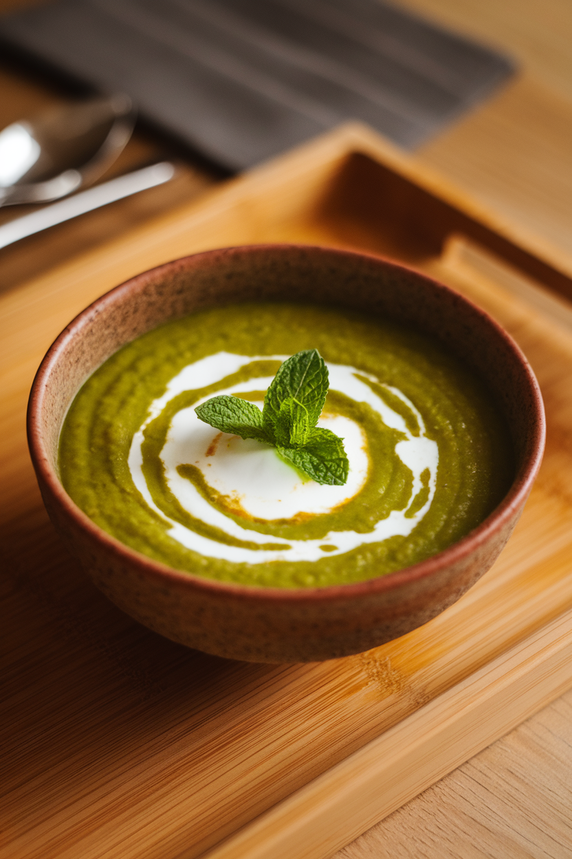 An indoor bowl of vibrant green pea soup topped with a swirl of Greek yogurt and a sprig of mint, set on a wooden tray. No text or logos present. Photo only.