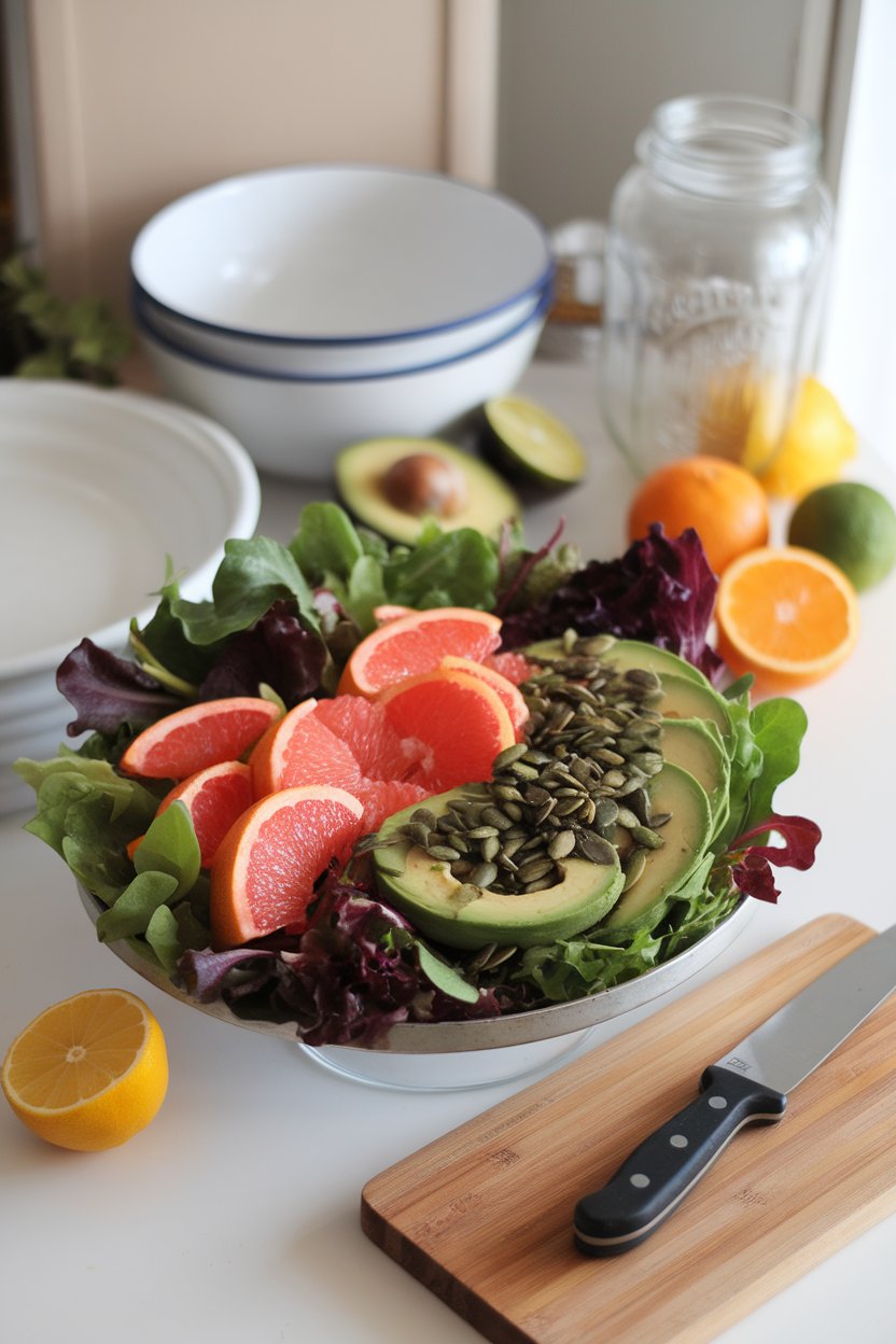 An indoor serving platter with mixed greens, grapefruit segments, avocado slices, and pumpkin seeds. Photo, no text or logos.