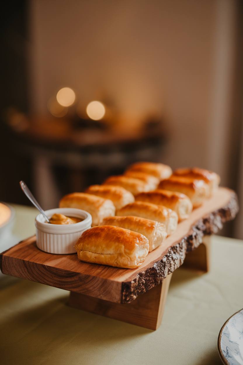 An indoor serving board lined with flaky sausage rolls, a small ramekin of mustard beside them, soft warm lighting, no logos.