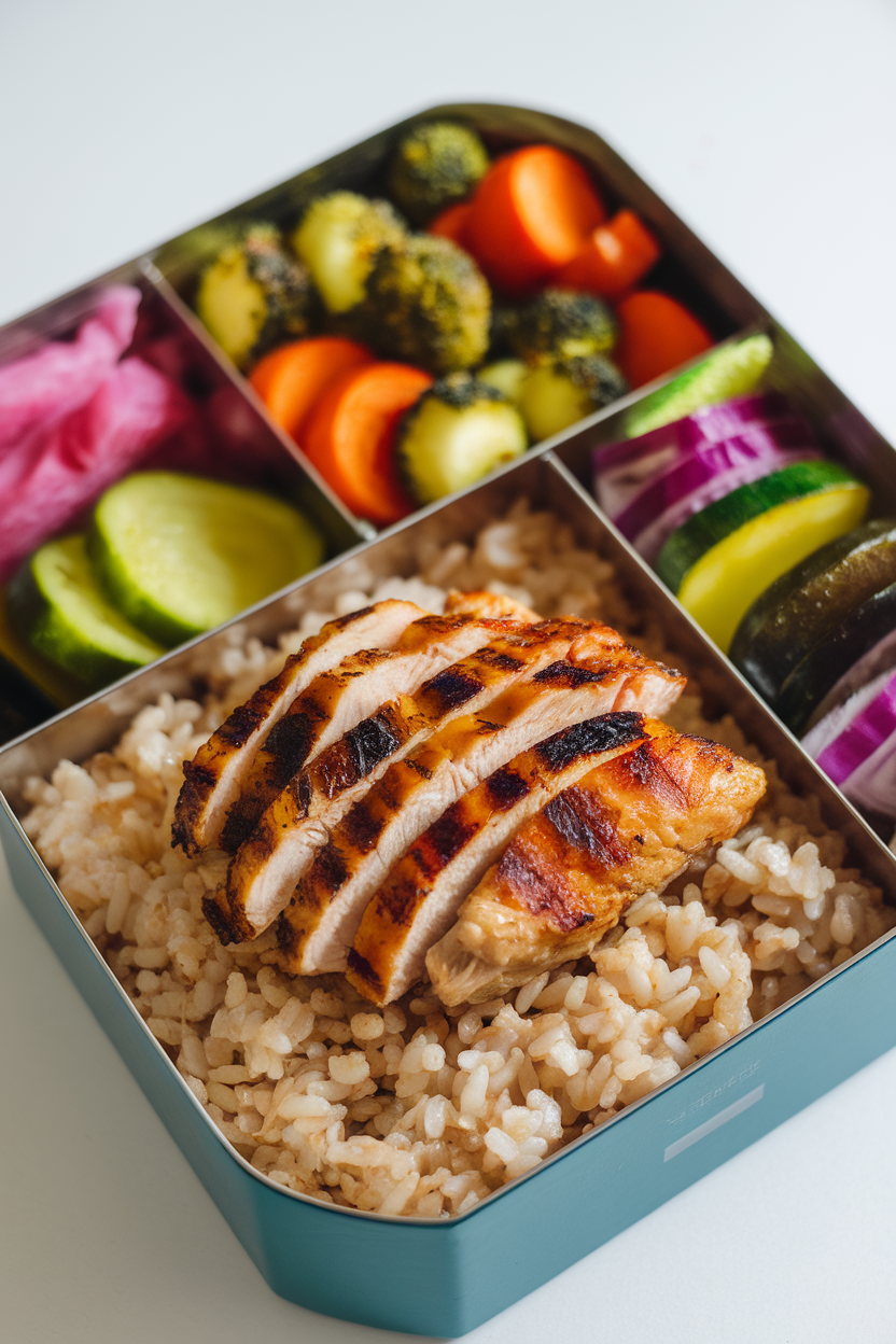 Indoor photo of a neatly arranged bento box containing brown rice, grilled chicken, and colorful roasted vegetables, no text or logos.