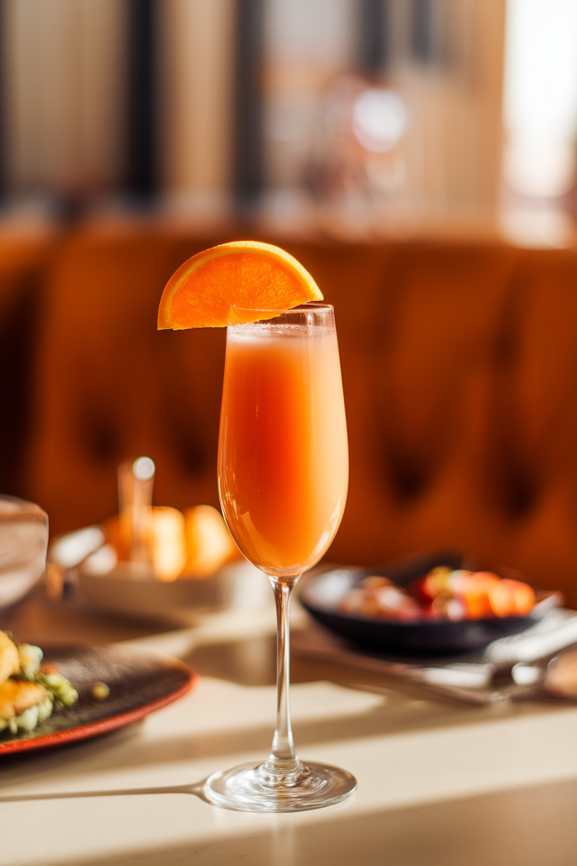 A warmly lit indoor brunch setting with a flute of vivid blood-orange mimosa, thin orange half-moon perched on the rim. Photo, not illustration. No text or logos.