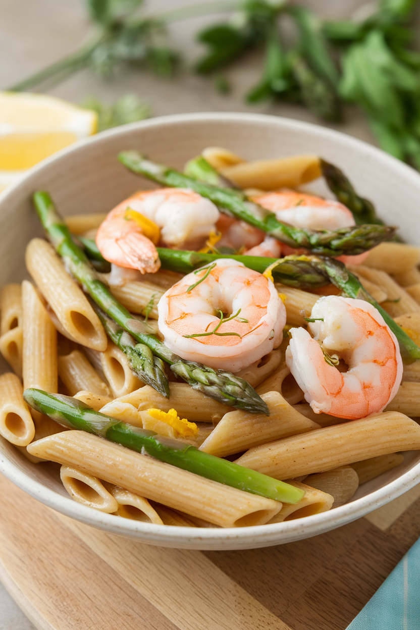 Indoor bowl photo of whole-grain penne with asparagus tips, lemon zest, and cooked shrimp; no text or logos.