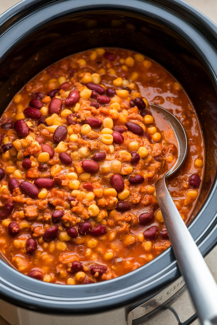 An indoor slow cooker filled with colorful turkey chili, beans and corn visible, ladle resting on the side. No text or logos.