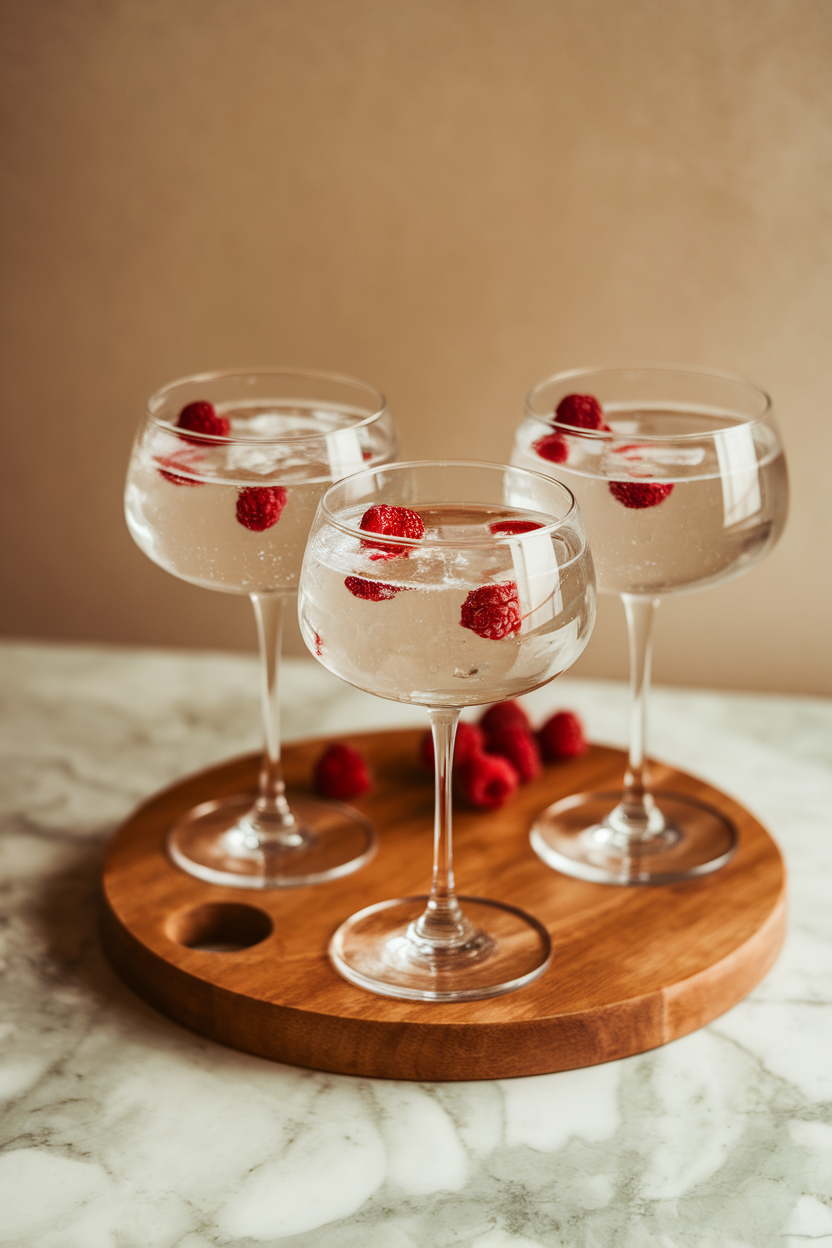 Indoor photo of elegant stemmed glasses with clear Prosecco gelée cubes and floating berry garnish, gentle indoor lighting, no text or logos