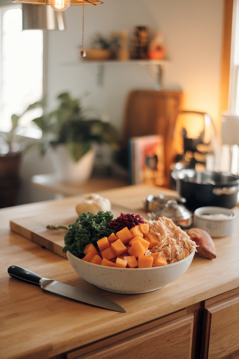 Cozy indoor kitchen island with a bowl of roasted butternut squash cubes, shredded chicken, baby kale, and dried cranberries — photo, no text or logos