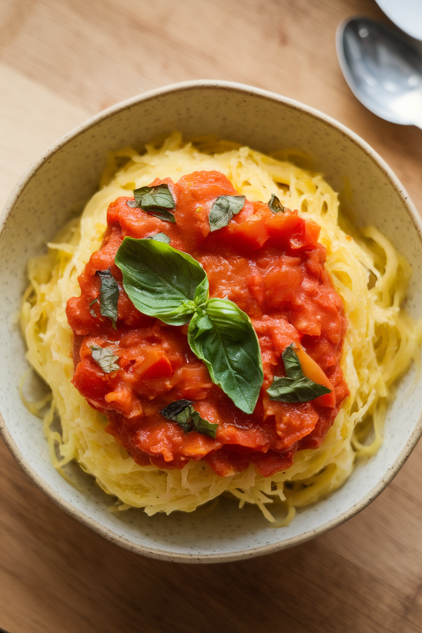 Indoor photo of spaghetti squash strands topped with chunky tomato basil sauce in a shallow pasta bowl; overhead, no text or logos