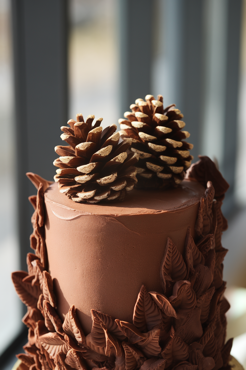 Tall chocolate cake indoors topped with two large chocolate buttercream pinecones lightly painted with edible gold dust, surrounded by chocolate leaves. Soft spot lighting; no logos.