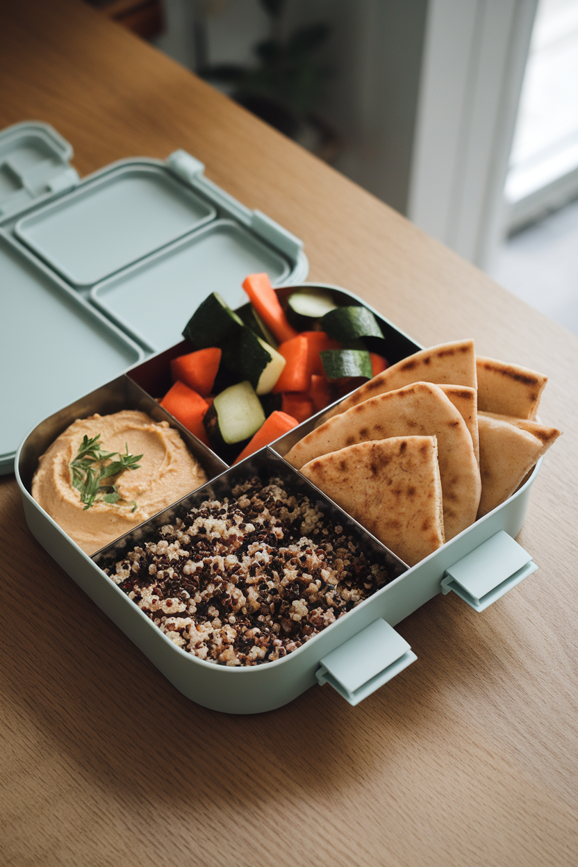 A compartmentalized lunch box indoors showing measured sections of quinoa, roasted vegetables, hummus, and pita wedges. No branding visible.