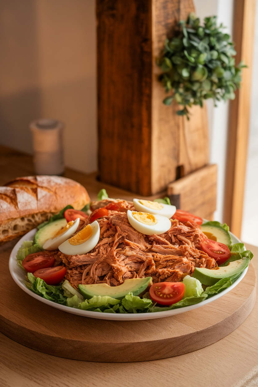 Indoor photo of a plated Cobb salad featuring rows of BBQ pulled chicken, hard-boiled egg halves, avocado slices, cherry tomatoes, and romaine. Warm indoor lighting, no text or logos.