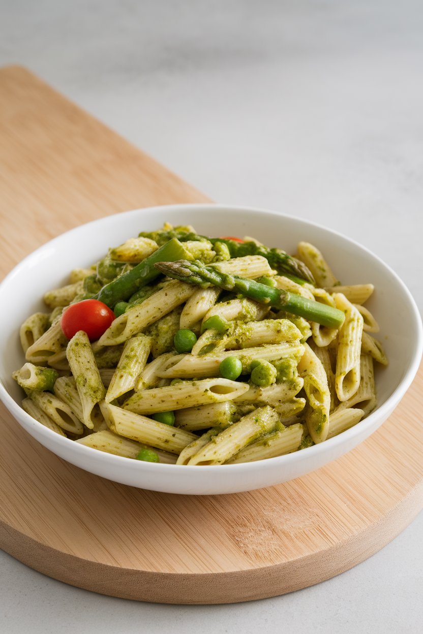 Indoor bowl of penne tossed with green pesto, asparagus tips, peas, and cherry tomatoes; bright lighting, no text or logos.