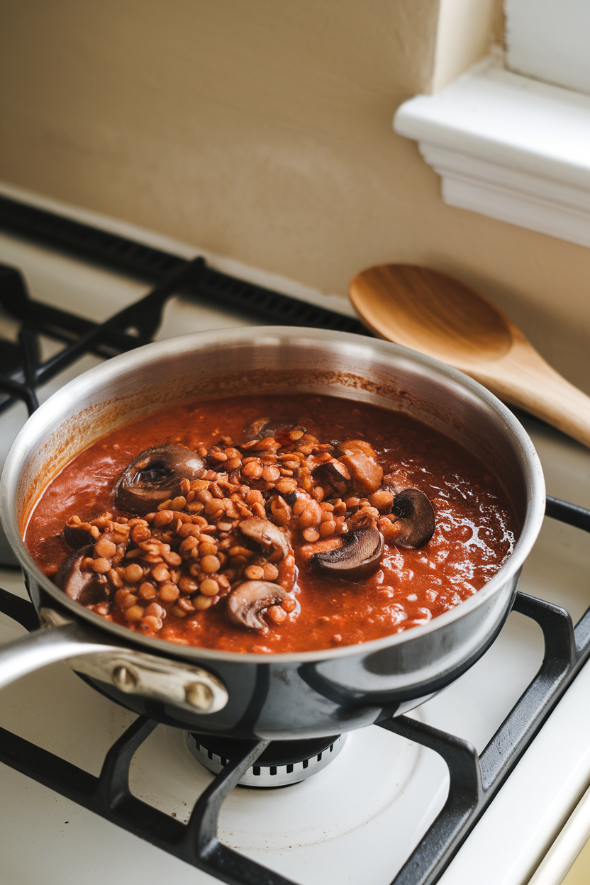Indoor photo of thick mushroom lentil red sauce in a saucepan, wooden spoon beside; no text or logos