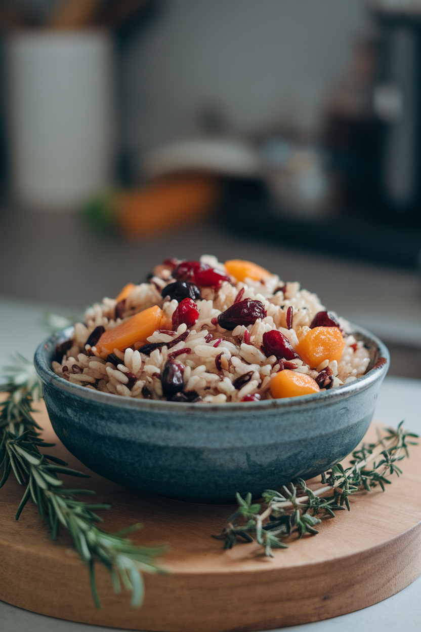 Indoor photo of wild rice flecked with cranberries and apricots in a ceramic bowl; no text or logos