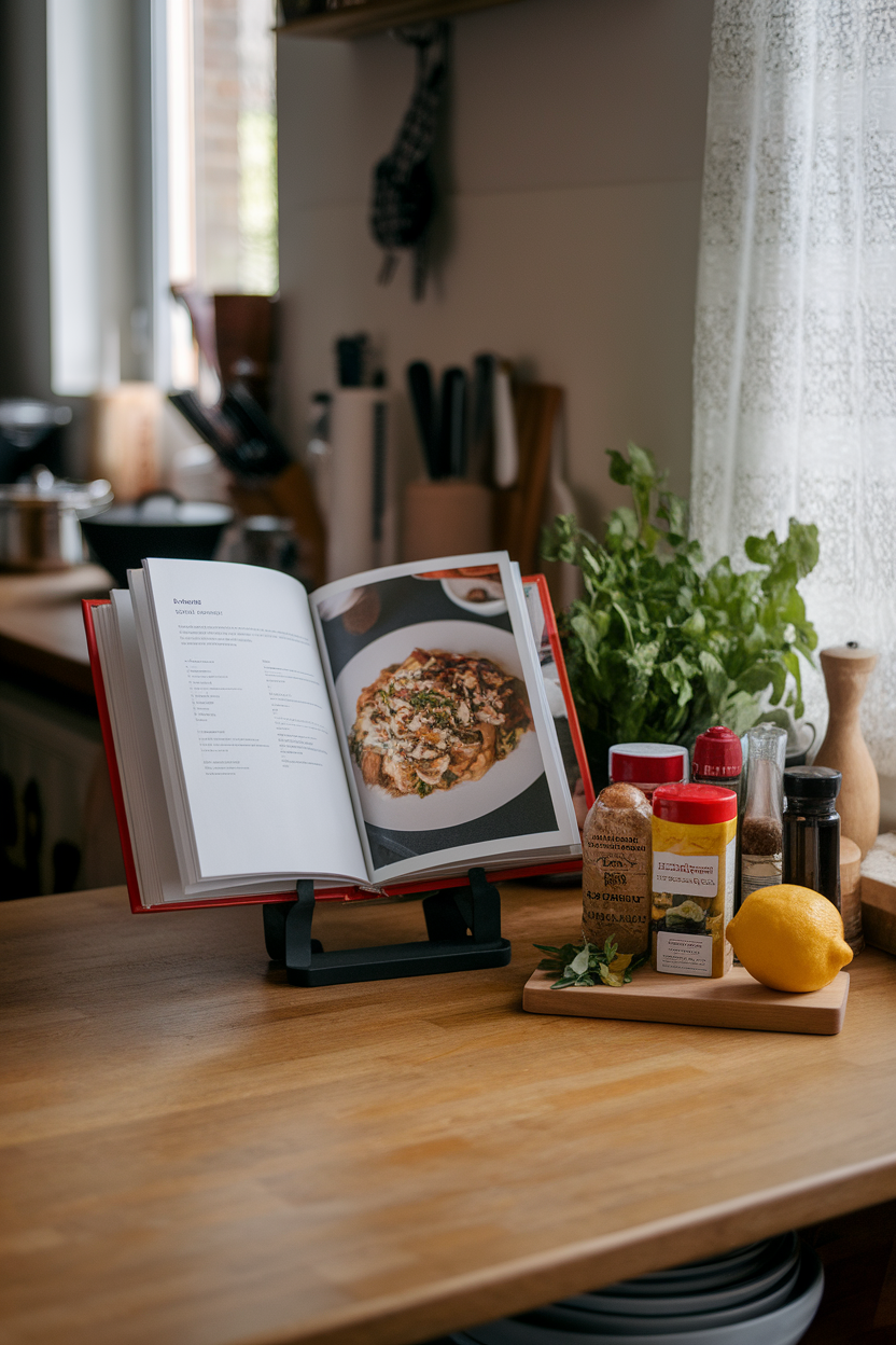 A cookbook propped open on a stand in a home kitchen, ingredients laid out neatly—photo, no readable text or logos.