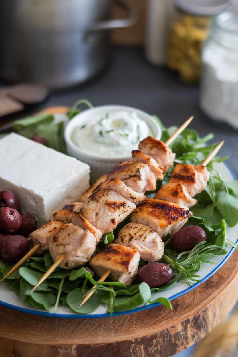 Indoor shot of a platter with cooked lemon-oregano chicken skewers, feta blocks, kalamata olives, and tzatziki; no visible logos or text.