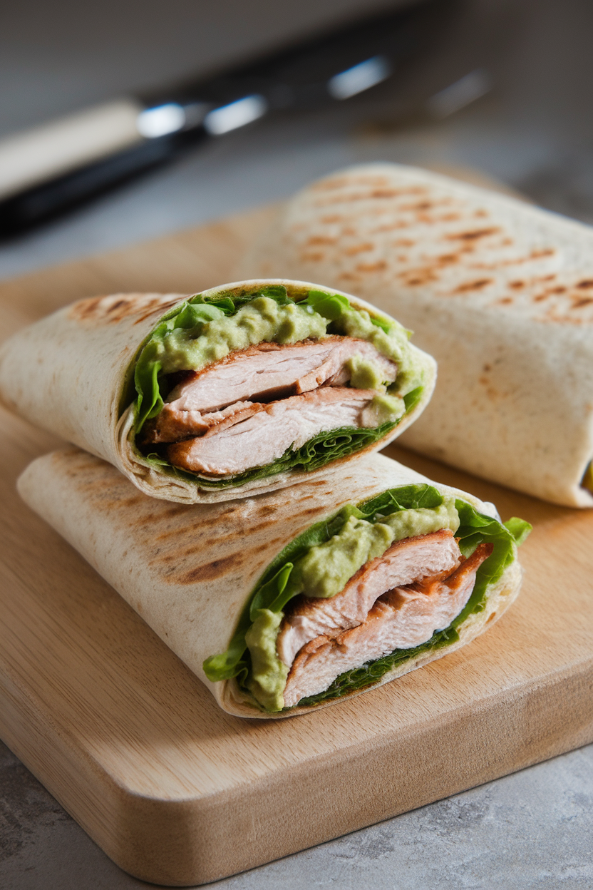 Photo of sliced whole-wheat wraps stuffed with grilled chicken, lettuce, and avocado green sauce on an indoor cutting board. No text or logos. Photo, not illustration.
