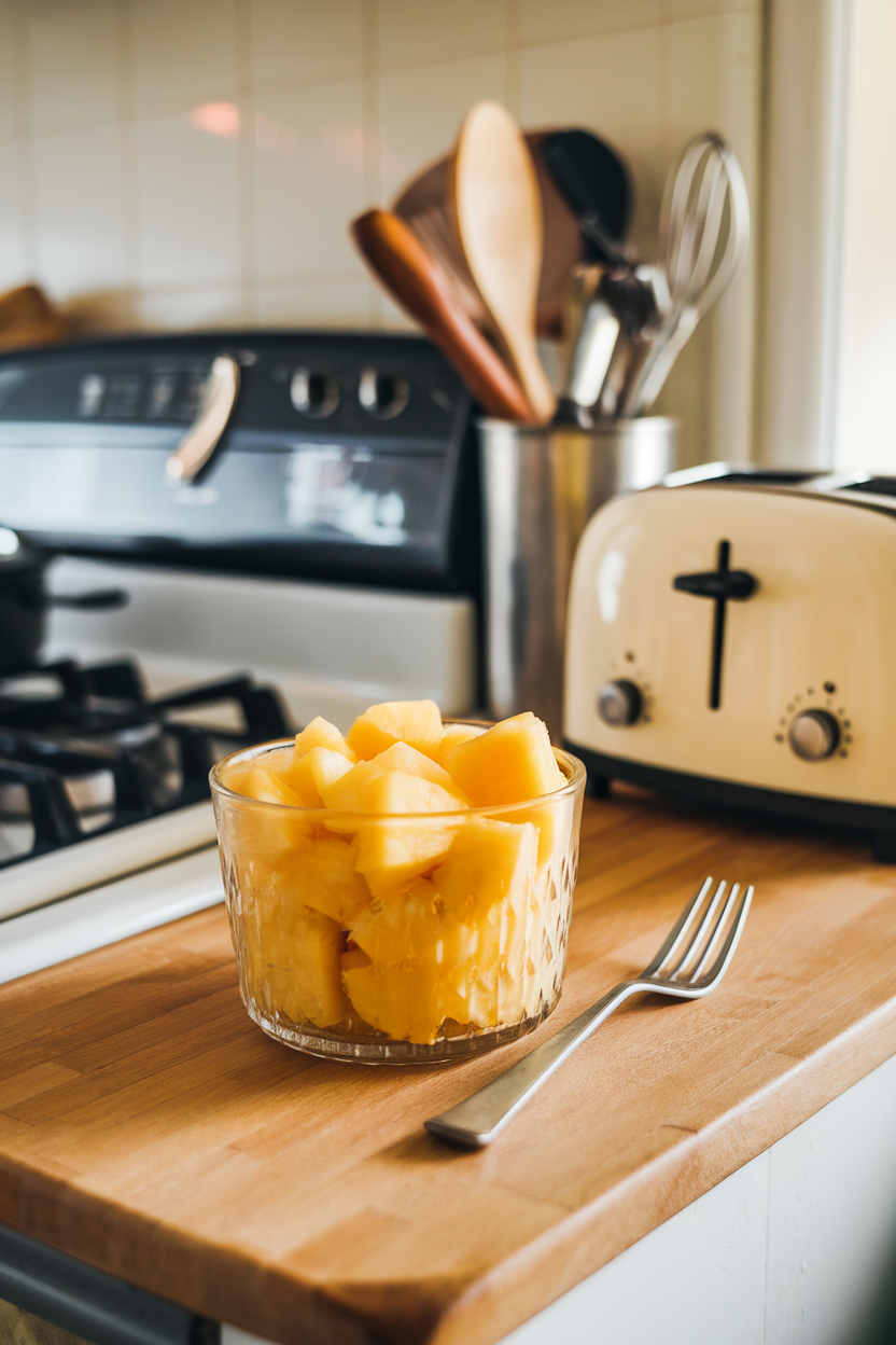 Photo, indoor kitchen counter with a glass container of golden pineapple chunks, fork beside, no logos.