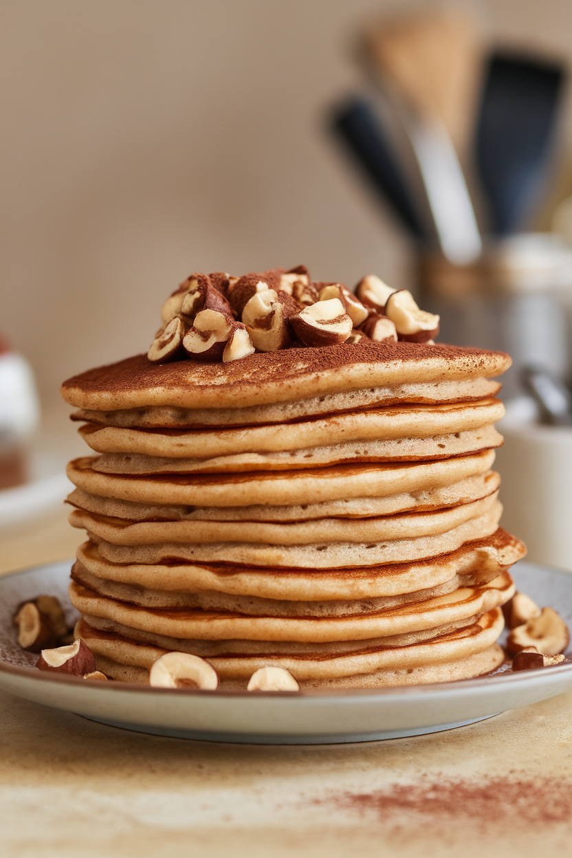 Indoor photo of pancakes layered with chopped hazelnut praline and lightly dusted with cocoa powder; no text or logos.