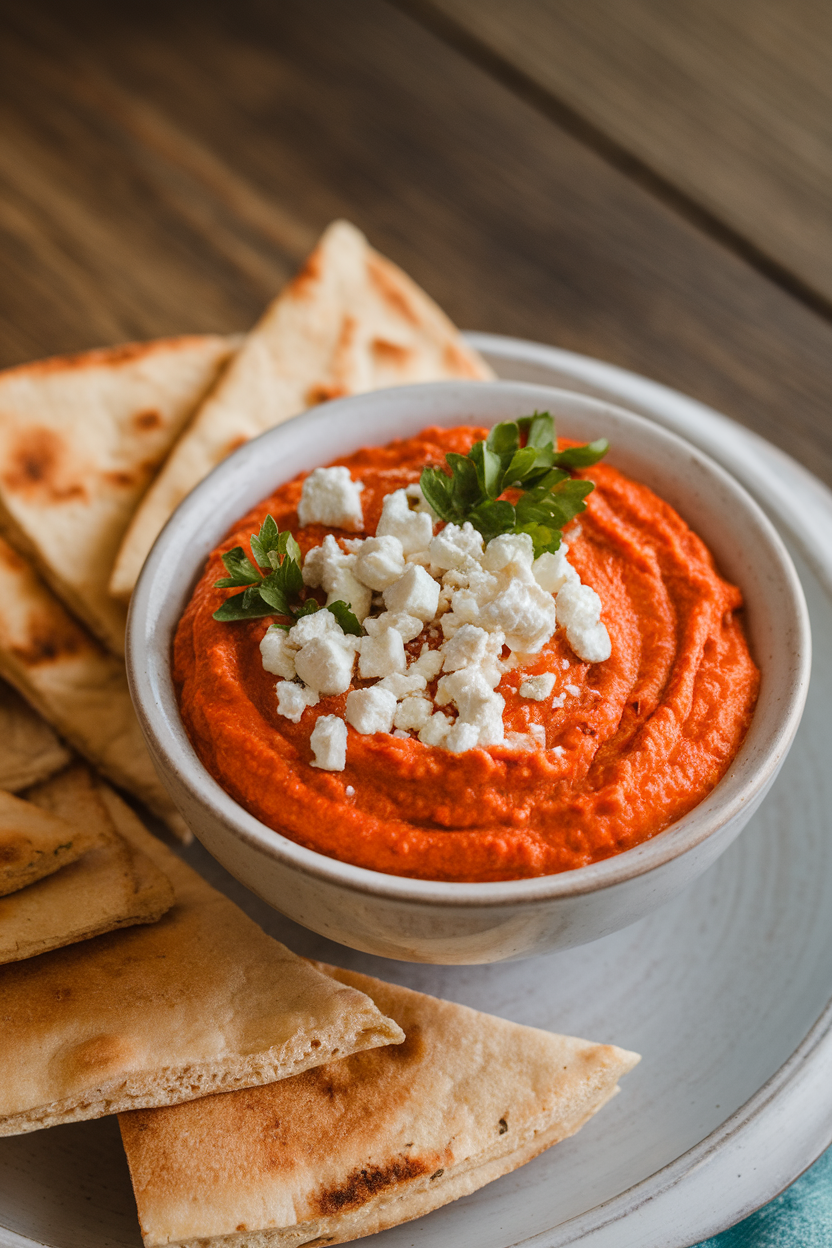 A small indoor serving bowl of creamy red pepper dip garnished with crumbled feta and parsley, pita triangles alongside. No text or logos visible.
