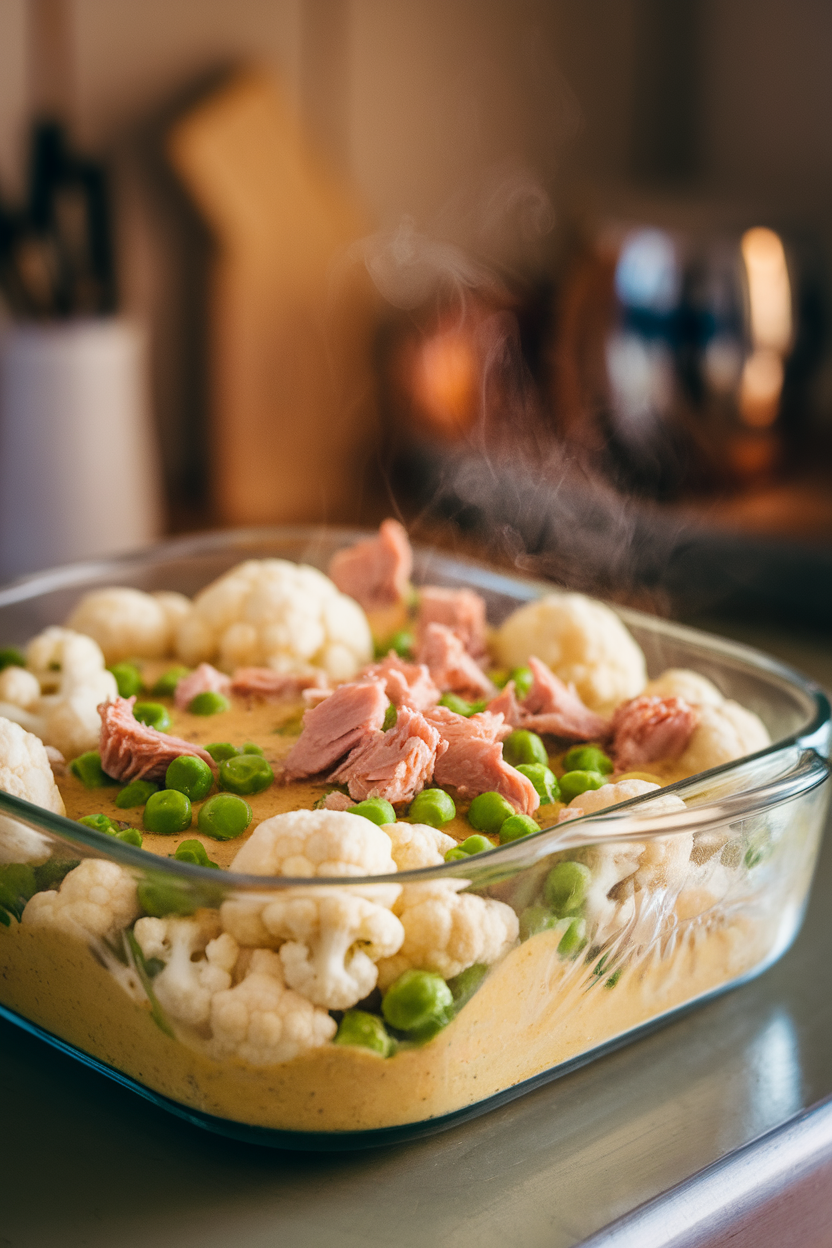 Kitchen table image of a glass casserole containing cauliflower florets, green peas, canned tuna, and a light coconut curry sauce, steam rising. No text or logos.