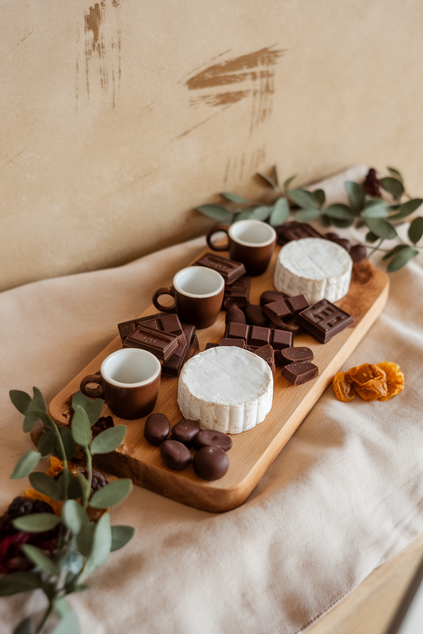 Indoor café-style photo of a board with espresso cups, dark chocolate squares, chocolate-covered espresso beans, and aged gouda; no text or logos