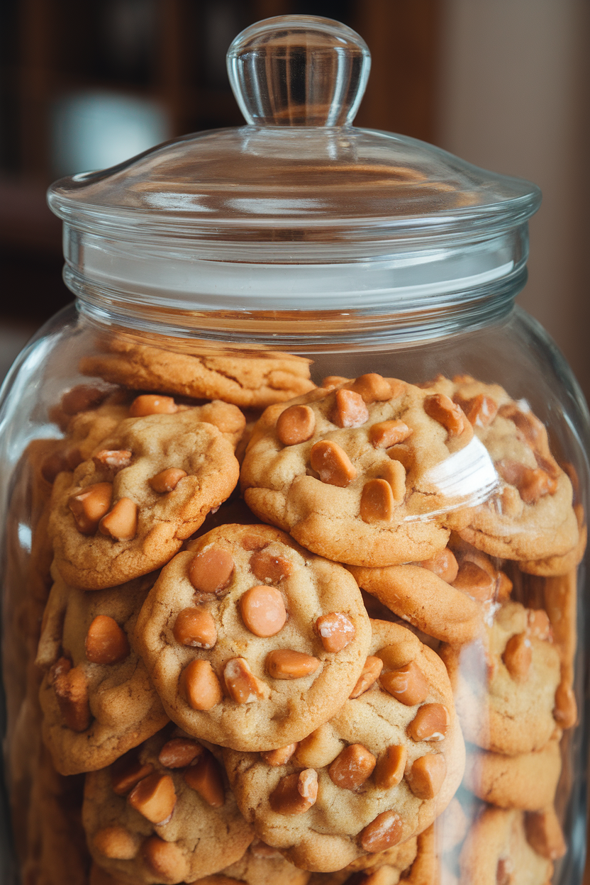 Cookie jar indoors filled with golden brown cookies dotted with toffee bits, lid off to reveal texture. No text or logos.