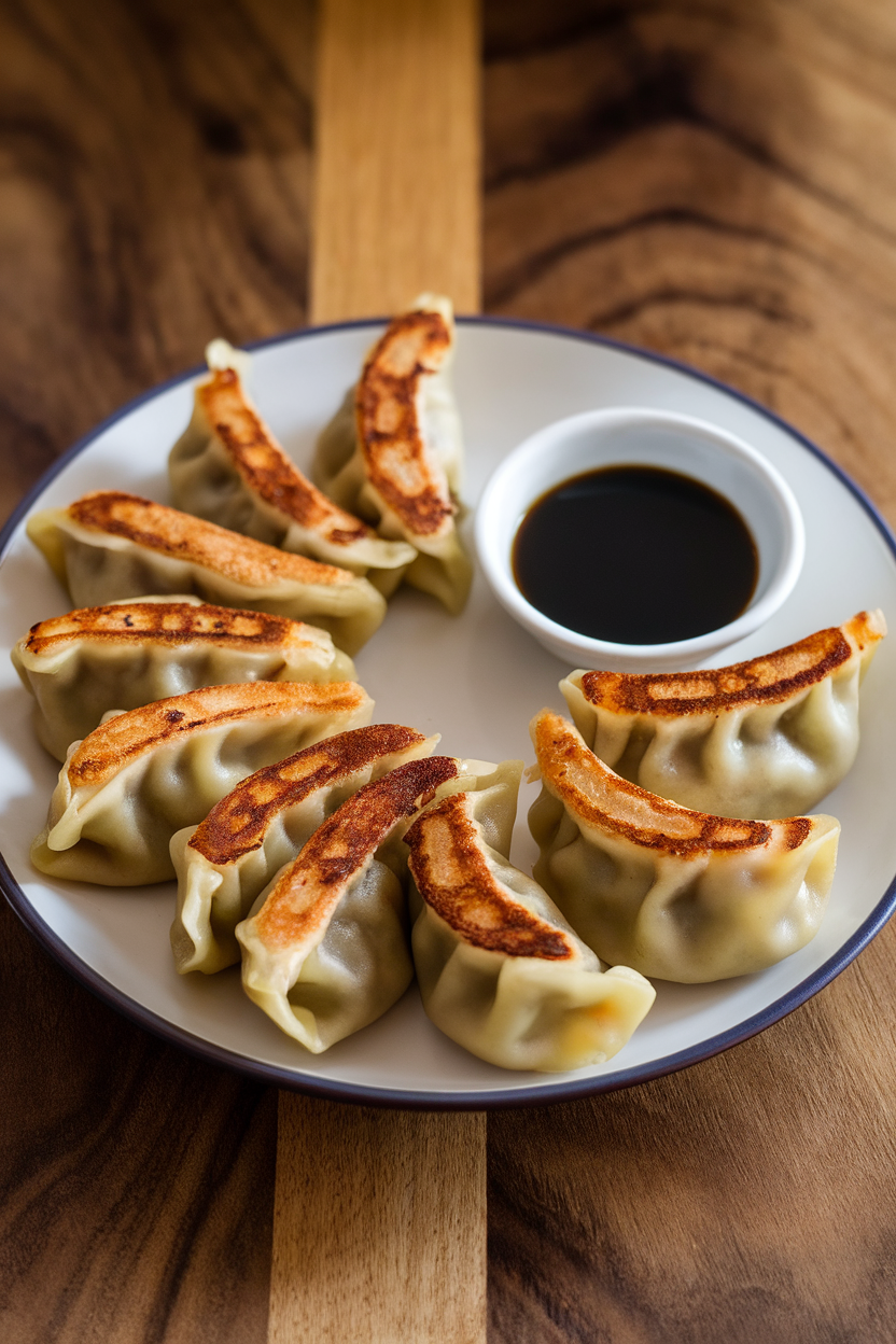 Indoor photo of a plate of browned vegetable potstickers with a small dish of soy-ginger dip. No text or logos.