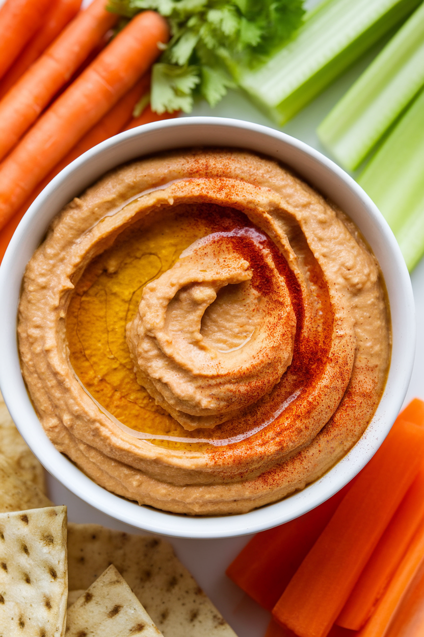 Indoor bowl of smooth roasted red pepper hummus, drizzle of olive oil, paprika sprinkle, veggie sticks beside, no text or logos