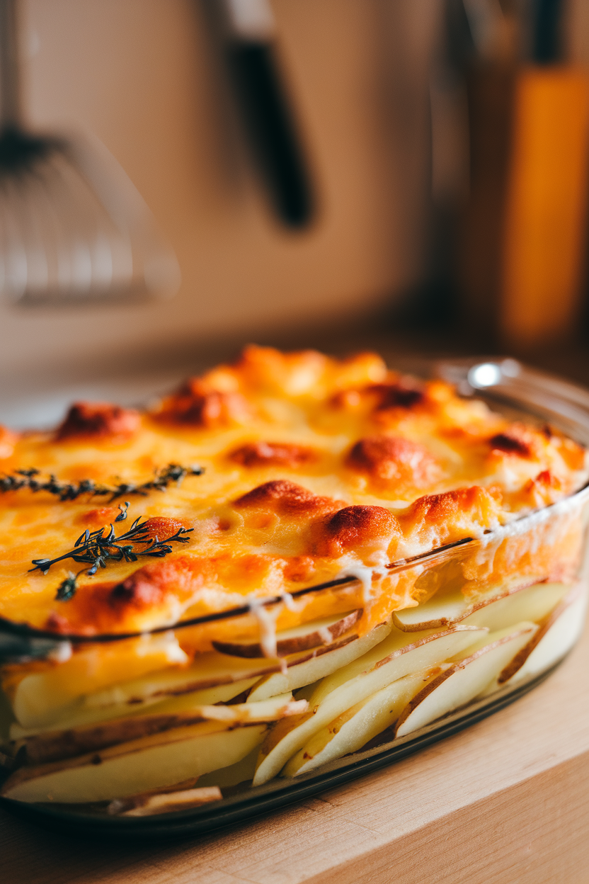 Indoor photo of a casserole dish with layered potato slices, bubbly cheese browning on top; no text or logos