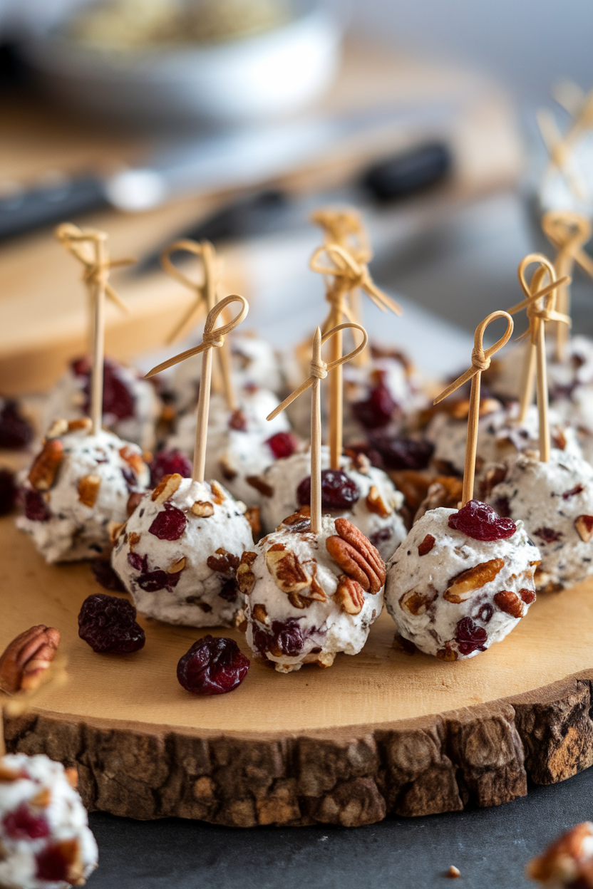 An indoor cheese board with mini goat cheese balls coated in chopped cranberries and toasted pecans, cocktail picks inserted. No text or logos, photo only.