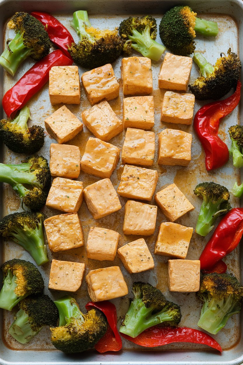 An indoor sheet pan covered with golden cubes of baked tofu surrounded by roasted broccoli and red peppers, light glaze visible. No text or logos.
