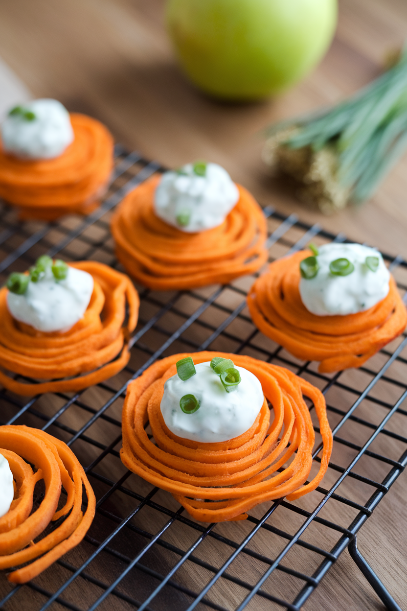 Indoor photo of golden-brown spiralized sweet potato mini patties on a wire rack, topped with a tiny spoonful of apple-chive yogurt. No branding or text.