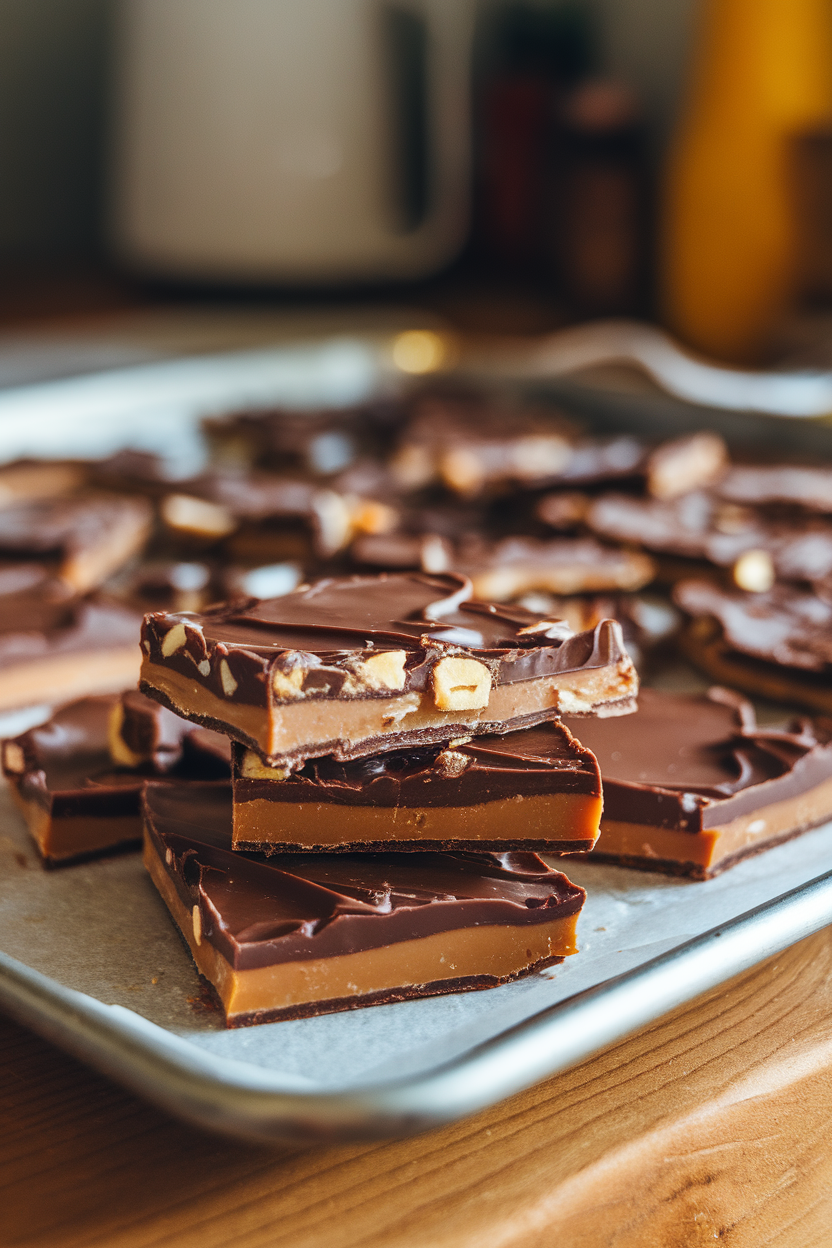 A baking sheet of saltine toffee broken into pieces, caramel and chocolate layers visible, indoor lighting, no text or logos.</Prompt