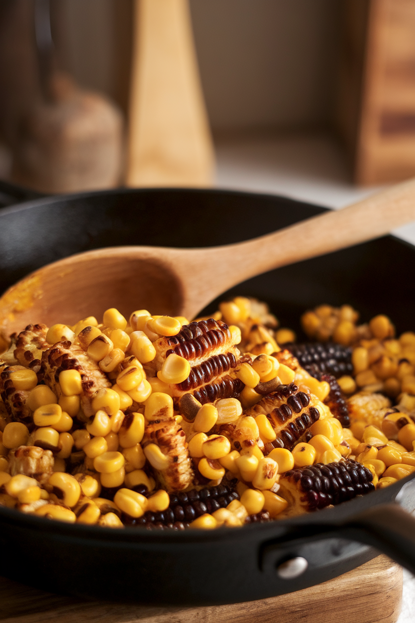 Indoor skillet with charred corn kernels tossed in glossy brown butter and a splash of bourbon, wooden spoon resting. No text or logos.