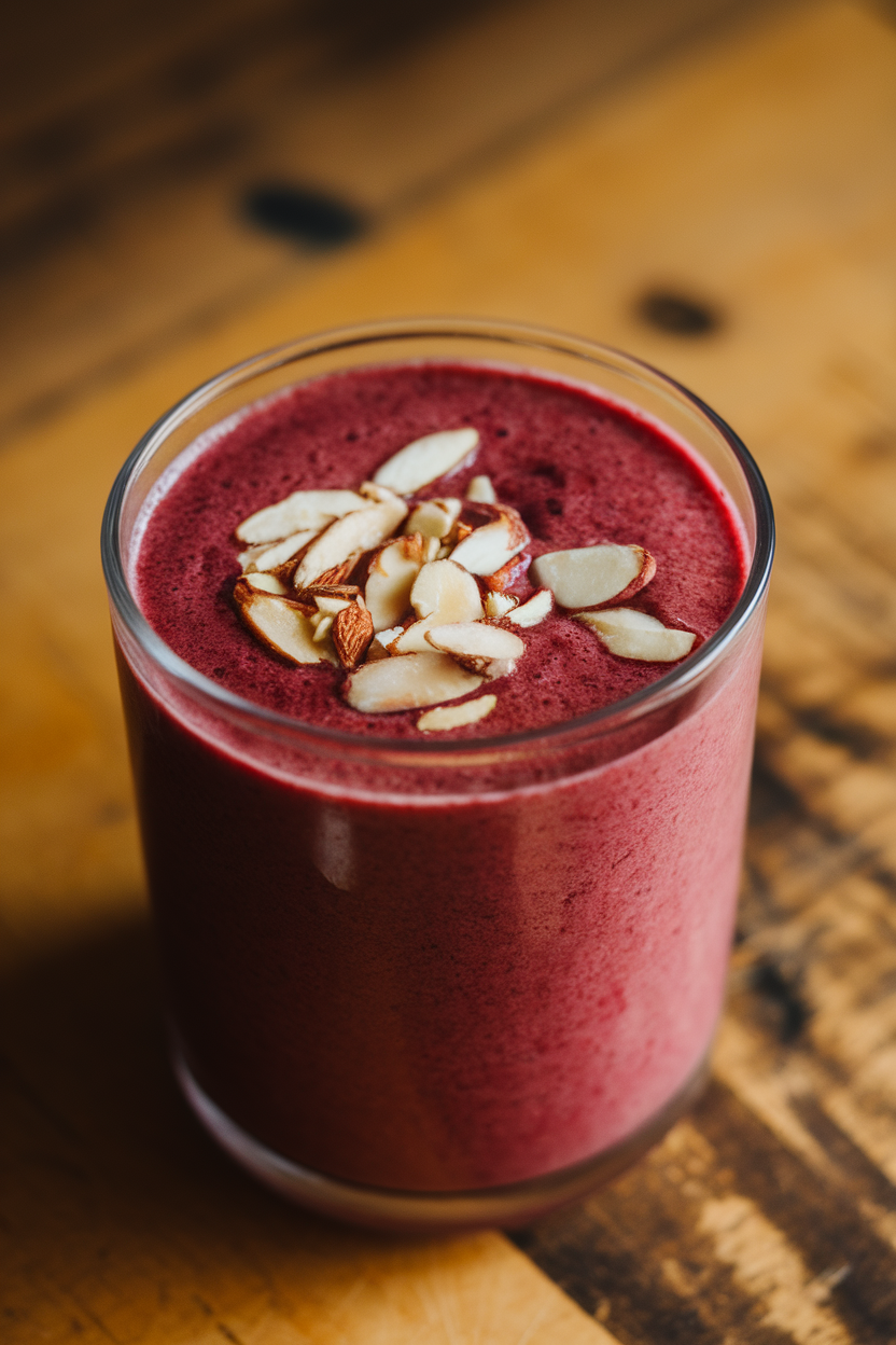 Indoor glass photo of a deep red cherry almond smoothie with slivered almonds floating on top, no text or logos.