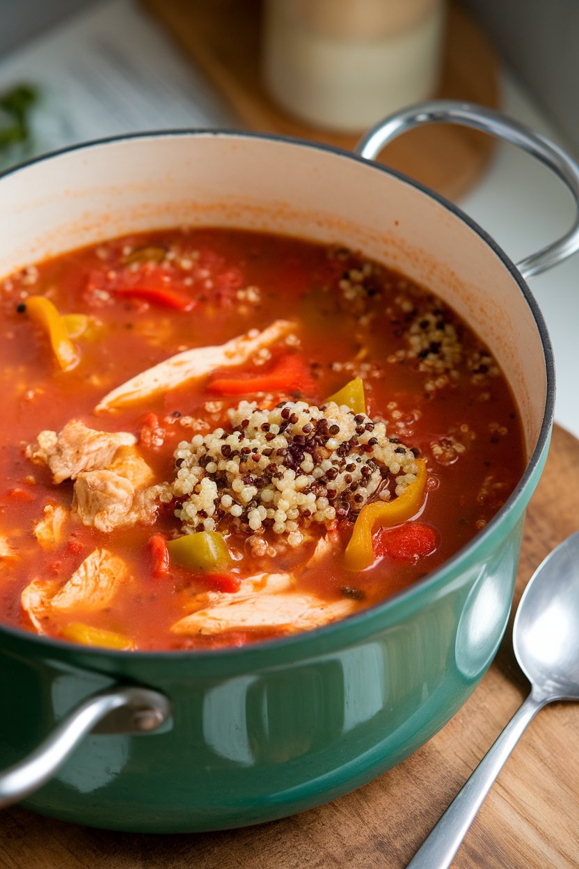An indoor soup pot of chunky tomato broth with chicken, quinoa, and bell pepper bits. Photo, no text or logos.