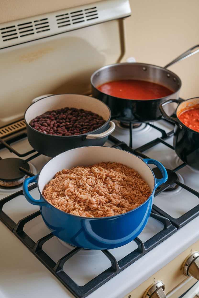 An indoor stovetop with multiple pots simmering—brown rice, black beans, and tomato sauce—photo, no brand names or logos.