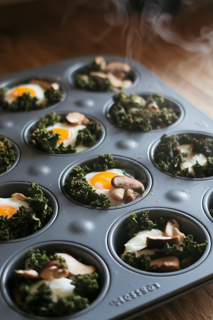 An indoor muffin tin filled with cooked egg white cups featuring kale and mushroom pieces, steam faintly visible. Photo, no text or logos.