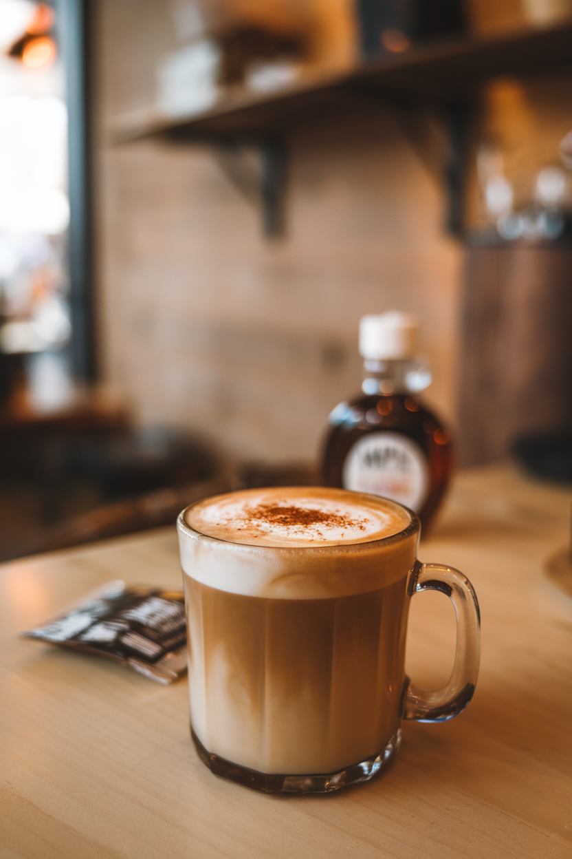 Indoor coffee-shop table with a glass mug of frothy latte art shaped like a bat, cinnamon sprinkle on top, maple syrup bottle blurred in background. Photo, no text or logos.