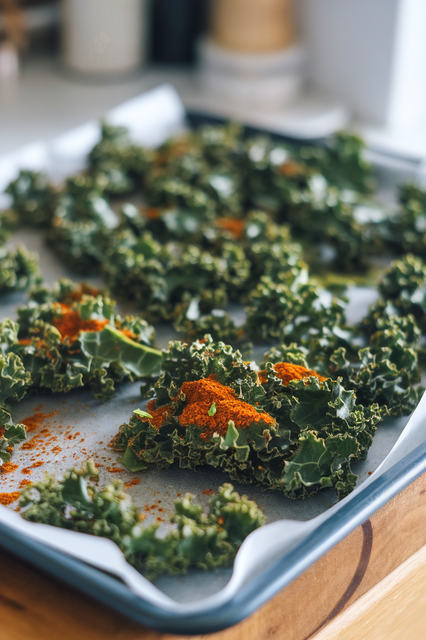 Indoor baking tray of curly kale chips dusted with chili powder and lime zest—photo, no text or logos.