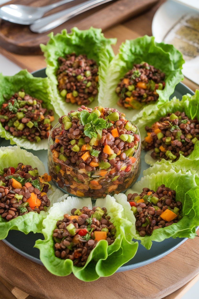 Crisp lettuce leaves filled with chilled lentil salad, arranged on an indoor serving tray. No text or logos.