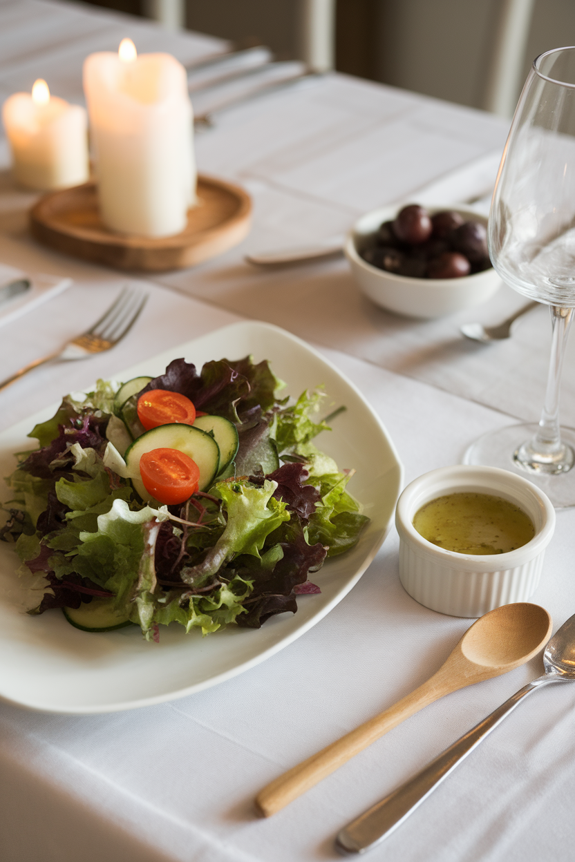 A plate of mixed-green salad with a small ramekin of vinaigrette next to it, indoor dining table. No logos or text. Photo.