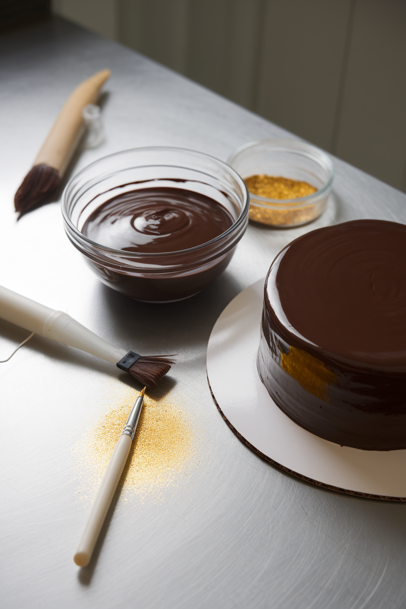 An indoor cake decorating scene featuring a bowl of glossy dark chocolate ganache with a pastry bag, plus a small brush and gold luster dust nearby, no text or logos