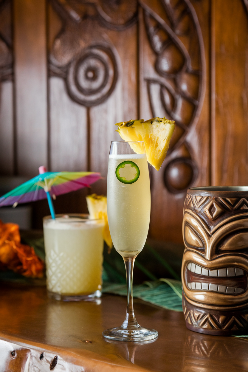 An indoor tiki cocktail counter featuring a flute of pale yellow Champagne with a thin jalapeño ring floating and pineapple wedge on rim. Photo, not illustration. No text or logos.