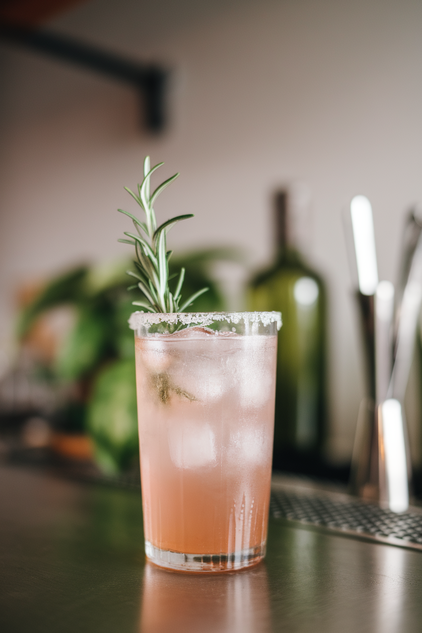 Indoor bar top displaying a highball of pale pink paloma, salted rim, rosemary sprig poking above ice. Photo, no text or logos.